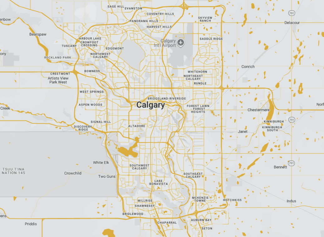 Map of Calgary and surrounding service areas: Airdrie, Okotoks, Chestermere